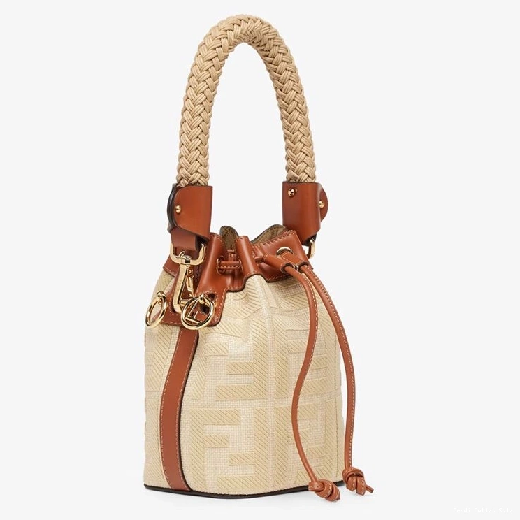 Affordable Fendi Straw Bag Mini FF Beige with Straw Mon Motif Tresor Bucket In Handle 0811